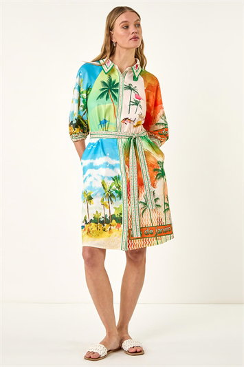 Landscape Print Tie Waist Shirt Dress 14728858