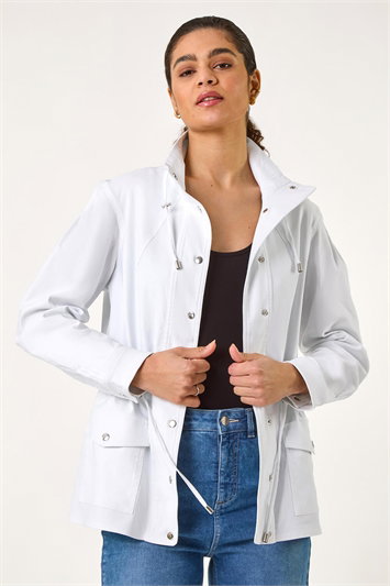 White Buttoned Stretch Safari Jacket