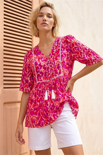Pink Abstract Print Tassel Top