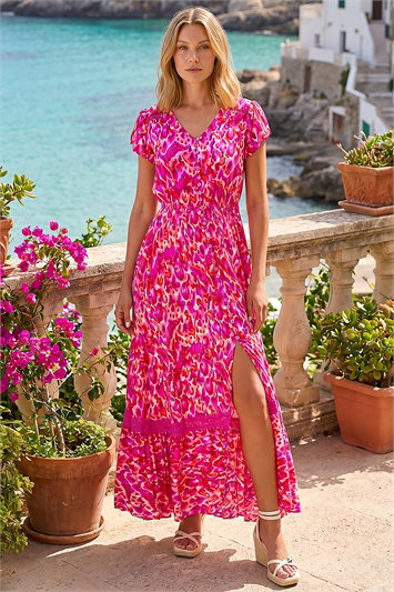 Pink Abstract Print Shirred Waist Maxi Dress