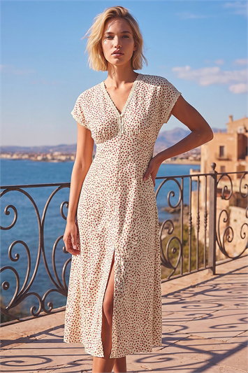 Pink Ditsy Lace Trim Midi Dress