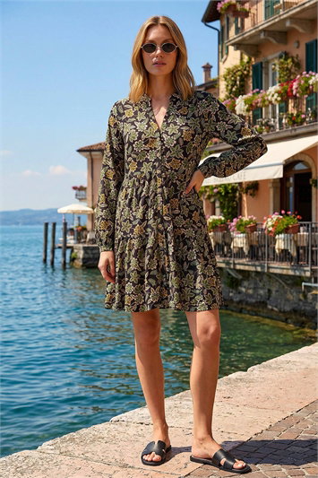Green Floral Print Button Stretch Dress