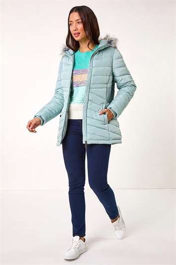 Faux Fur Hooded Quilt Coat 12030282