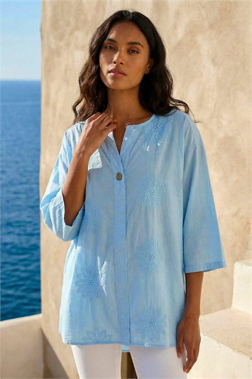 Blue Cotton Floral Embroidered Tunic Top