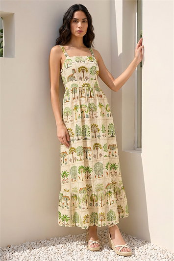 White Tree Tile Print Strappy Tie Midi Dress
