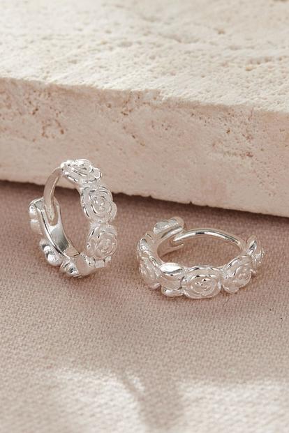 Metallic Sterling Silver Rose Huggie Hoops