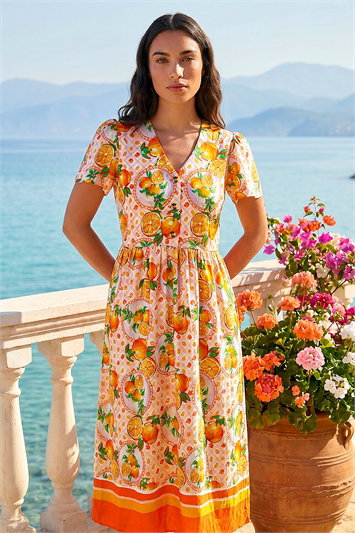 Orange Fruit Print V-Neck Midi Dress