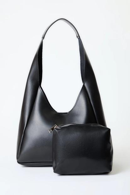 Black Oval Shoulder Bag With Matching Pouch