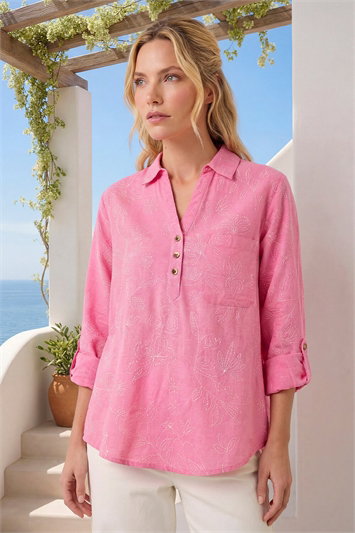 Pink Floral Print Collar V-Neck Shirt