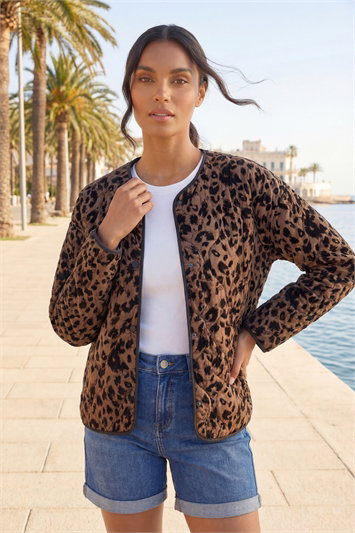 Brown Animal Print Flock Quilted Jacket