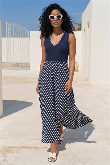 Blue Chevron Print Ribbed Midi Dress
