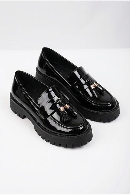 Black Mia Womens Chunky Patent Tassel Loafers