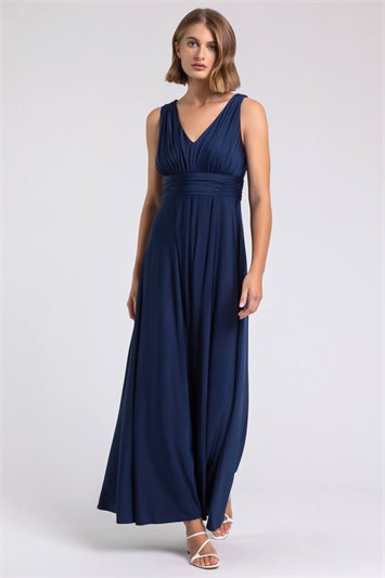 Blue Ruched Sleeveless Stretch Maxi Dress