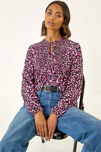 Pink Printed Shirred Tie Neck Top