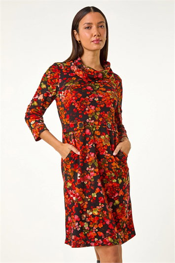 Leaf Print Cowl Neck Tab Detail Dress 14604678
