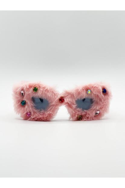 Pink Faux Fur Cateye Sunglasses With Multicoloured Gems In Pink