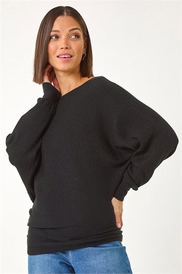 Black Ribbed Batwing Knit Jumper