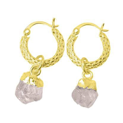 Metallic Raw Rose Quartz October Birthstone Huggie Hoops Gold Vermeil Plated Gemstone Earrings