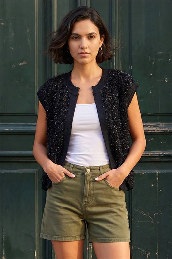 Black Fluffy Shimmer Knit Waistcoat