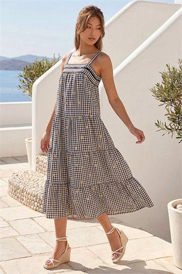 Black Gingham Embroidered Midi Dress