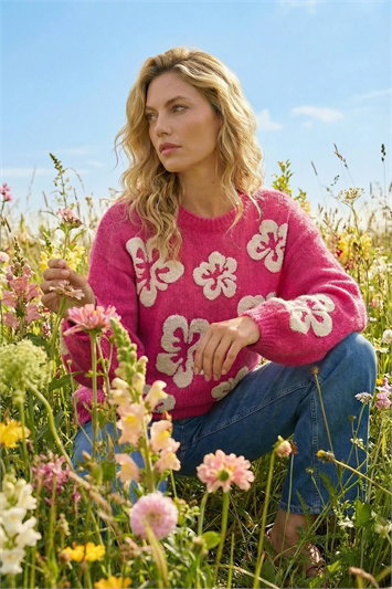 Pink Floral Crew Neck Knit Jumper