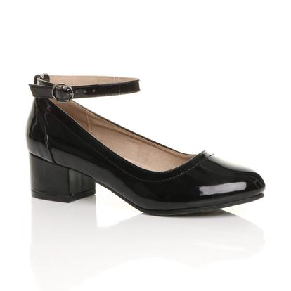Black Mid Block Heel Comfort Ankle Strap Court Shoes