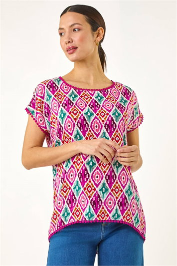 Pink Ikat Print Bobble Trim Tee