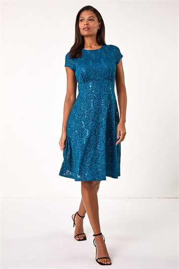 Sequin Fluted Hem Lace Stretch Dress 14447791