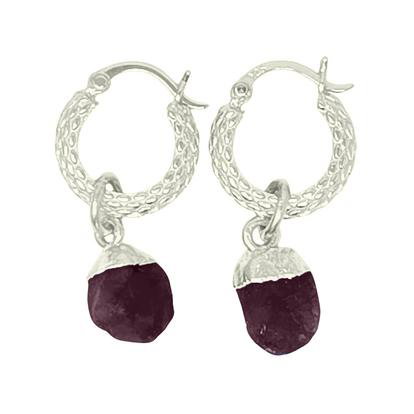 Metallic Raw Ruby July Birthstone Huggie Hoops Sterling Silver Gemstone Earrings