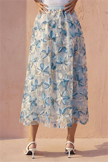 Textured Mesh Floral Midi Skirt 17074845