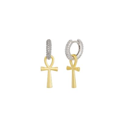 Metallic Sterling Silver Egyptian Ankh Zirconia Hoop Earring