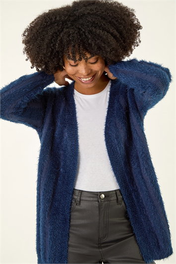 Blue Fluffy Textured Knit Longline Cardigan