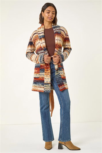 Brown Jacquard Knit Belted Cardigan