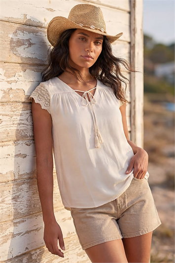 Cream Satin Crochet Tie Front Tunic Top