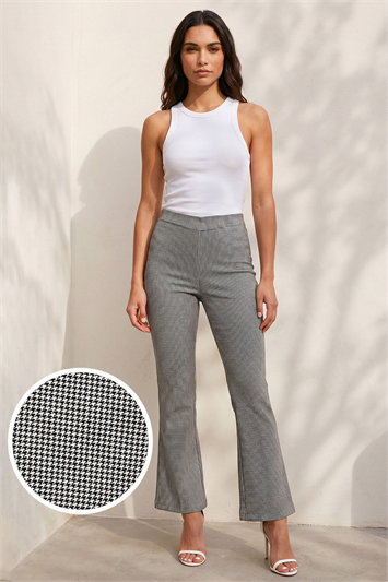 Grey Dogtooth Stretch Wide Leg Trouser