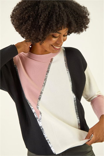 Pink Colour Block Sequin Knit Jumper