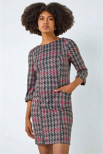 Red Houndstooth Pocket Shift Stretch Dress