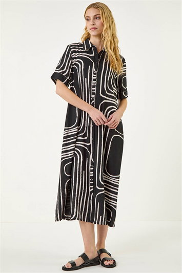 Black Abstract Print Midi Shirt Dress