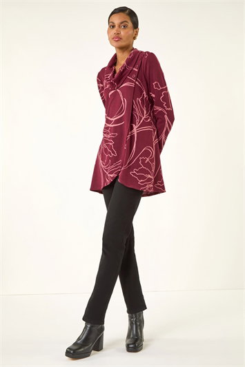 Red Printed Cowl Neck Stretch Top