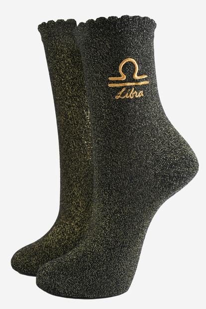 Black Embroiderd Libra Zodiac Glitter Socks