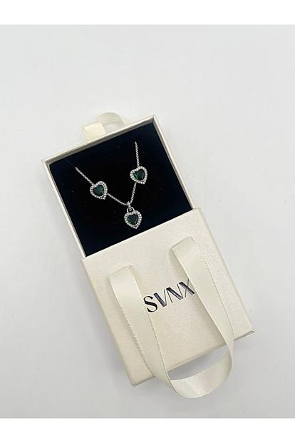 Metallic Green Diamante Heart Necklace And Earrings Set In Silver