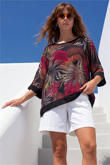 Black Leaf Print Tunic Top