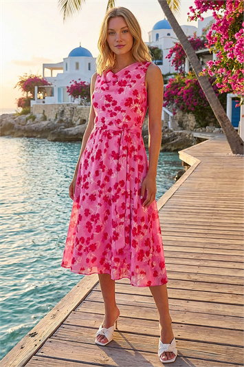 Pink Floral Print Chiffon Cowl Neck Dress