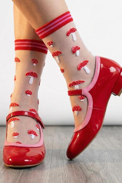Multi Toadstools Combed Cotton Sheer Pop Socks In Red