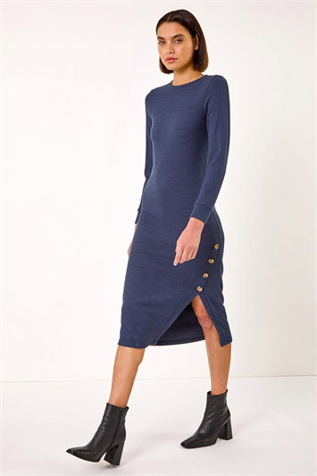 Blue Ribbed Button Detail Midi Dress