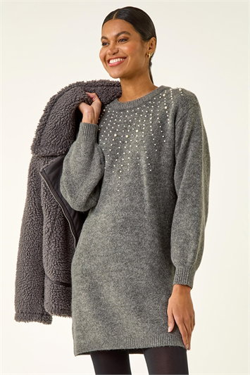 Grey Embellished Faux Pearl Knit Dress