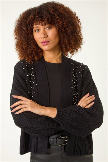 Black Embellished Faux Pearl Cardigan