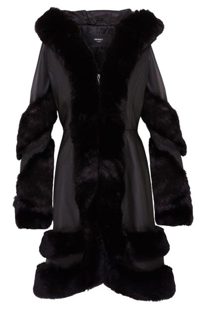 Black Flared Leather Hooded Cape Coat-Mandal