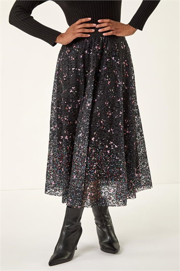 Black Printed Lace Overlay Skirt