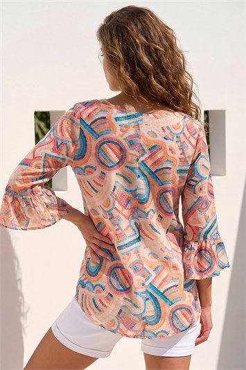 Geometric Print Flute Sleeve Top 20245264